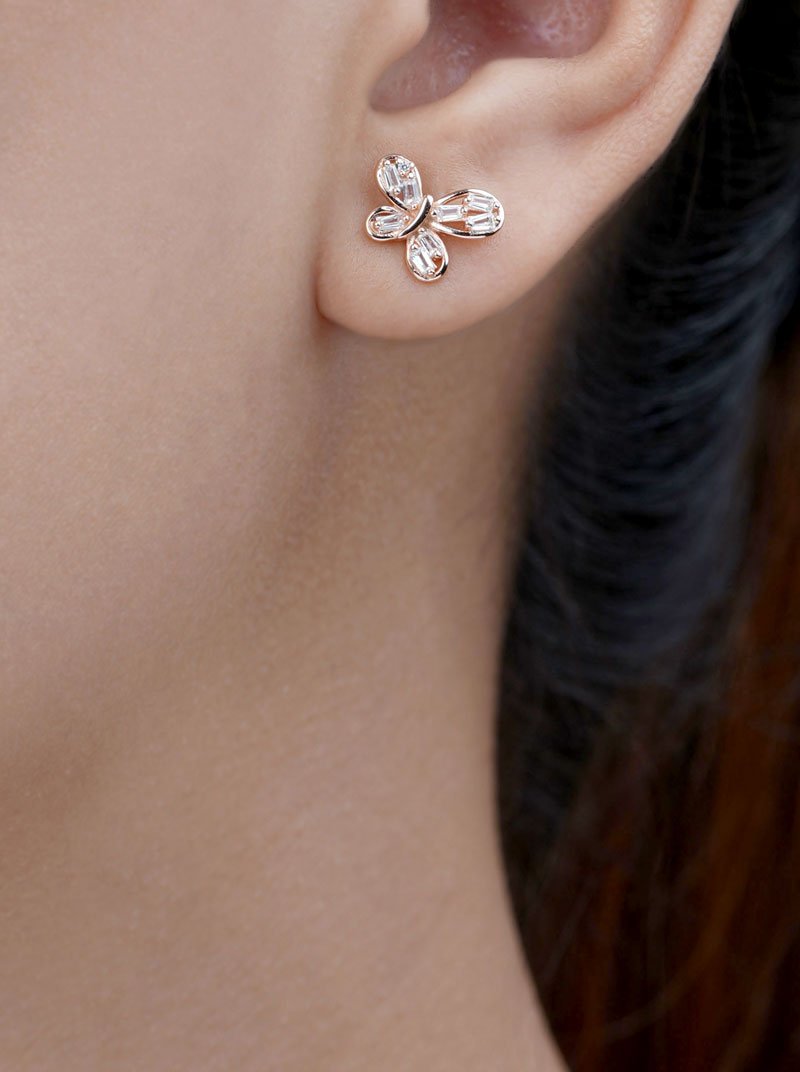 Baguette Wings Stud Earrings (Pure Silver) - Rose Gold